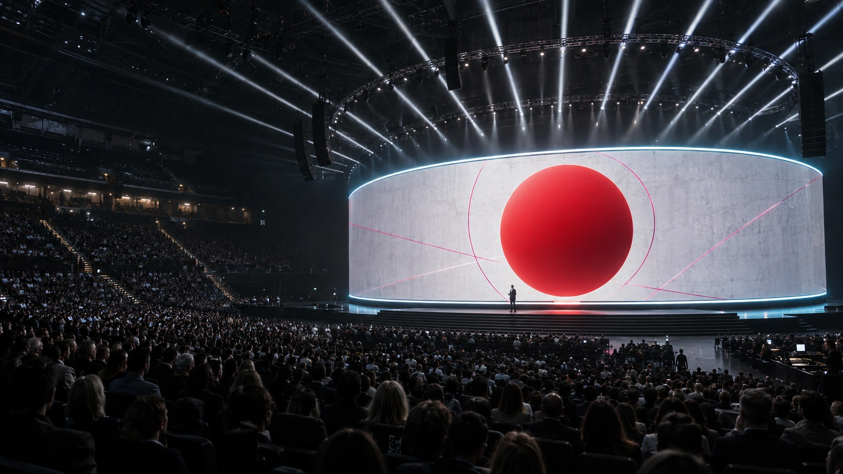 A monumental brand reveal with a panoramic stage, a red disc and a vast arena audience